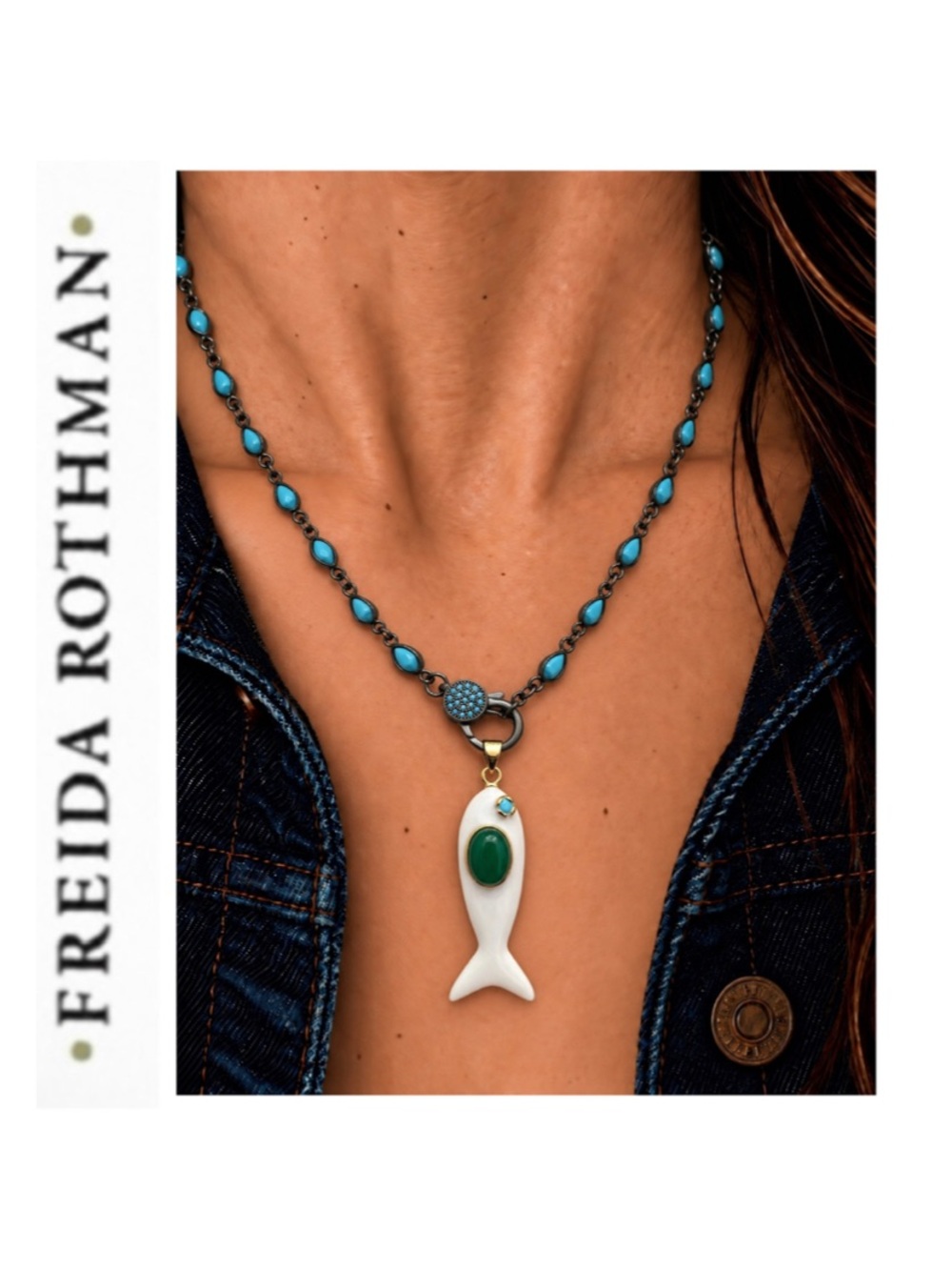 Freida Rothman Turquoise Teardrop Black Rhodium Necklace with White Enamel Fish